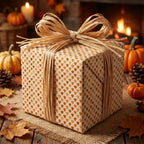 Rustic heart wrapping paper with a raffia bow in a cozy autumn setting by Wrapped Studios.