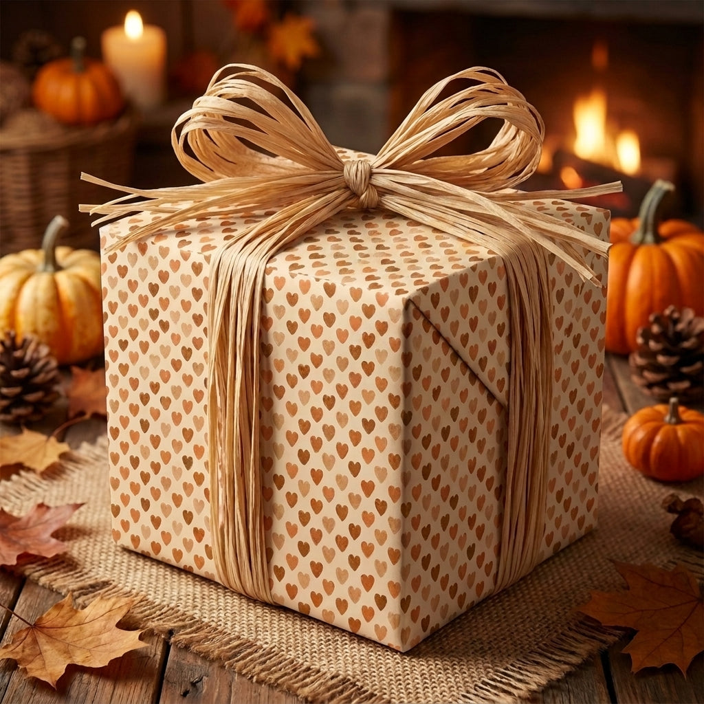 Rustic heart wrapping paper with a raffia bow in a cozy autumn setting by Wrapped Studios.