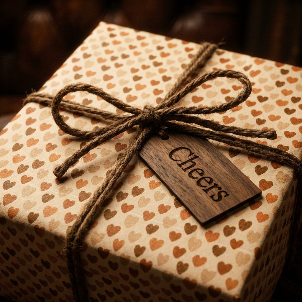 Rustic heart wrapping paper in neutral tones with a jute twine bow and wood Cheers tag by Wrapped Studios.
