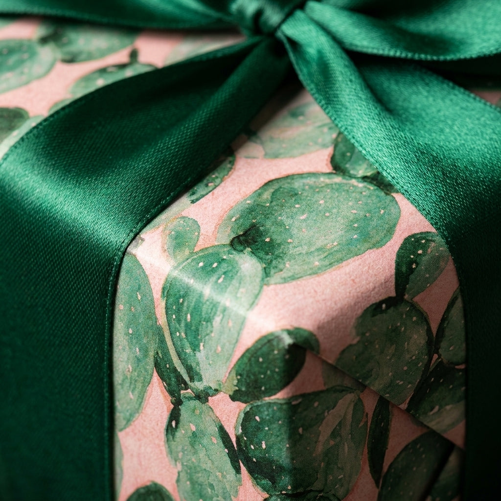 Pink and green cactus wrapping paper with an emerald satin ribbon by Wrapped Studios.