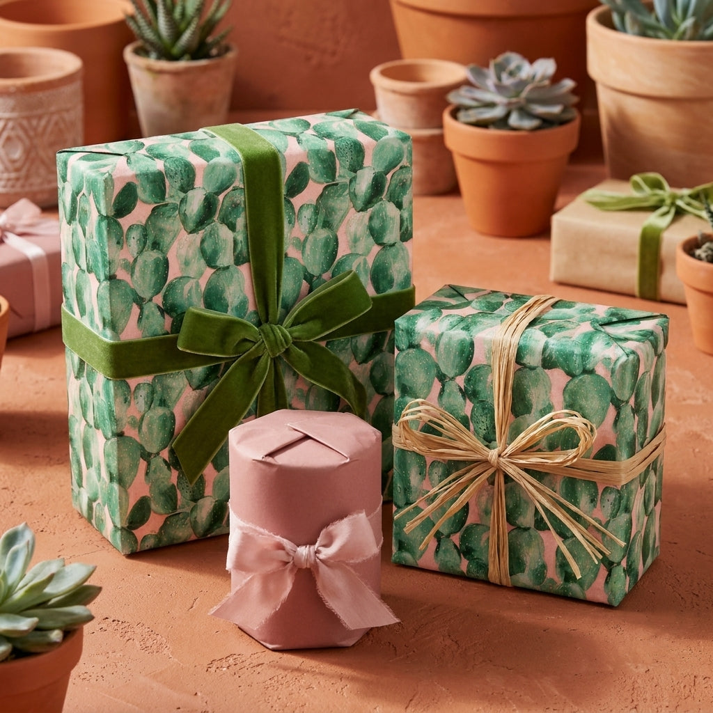 Cactus wrapping paper with green velvet ribbon in a rustic terracotta setting by Wrapped Studios.