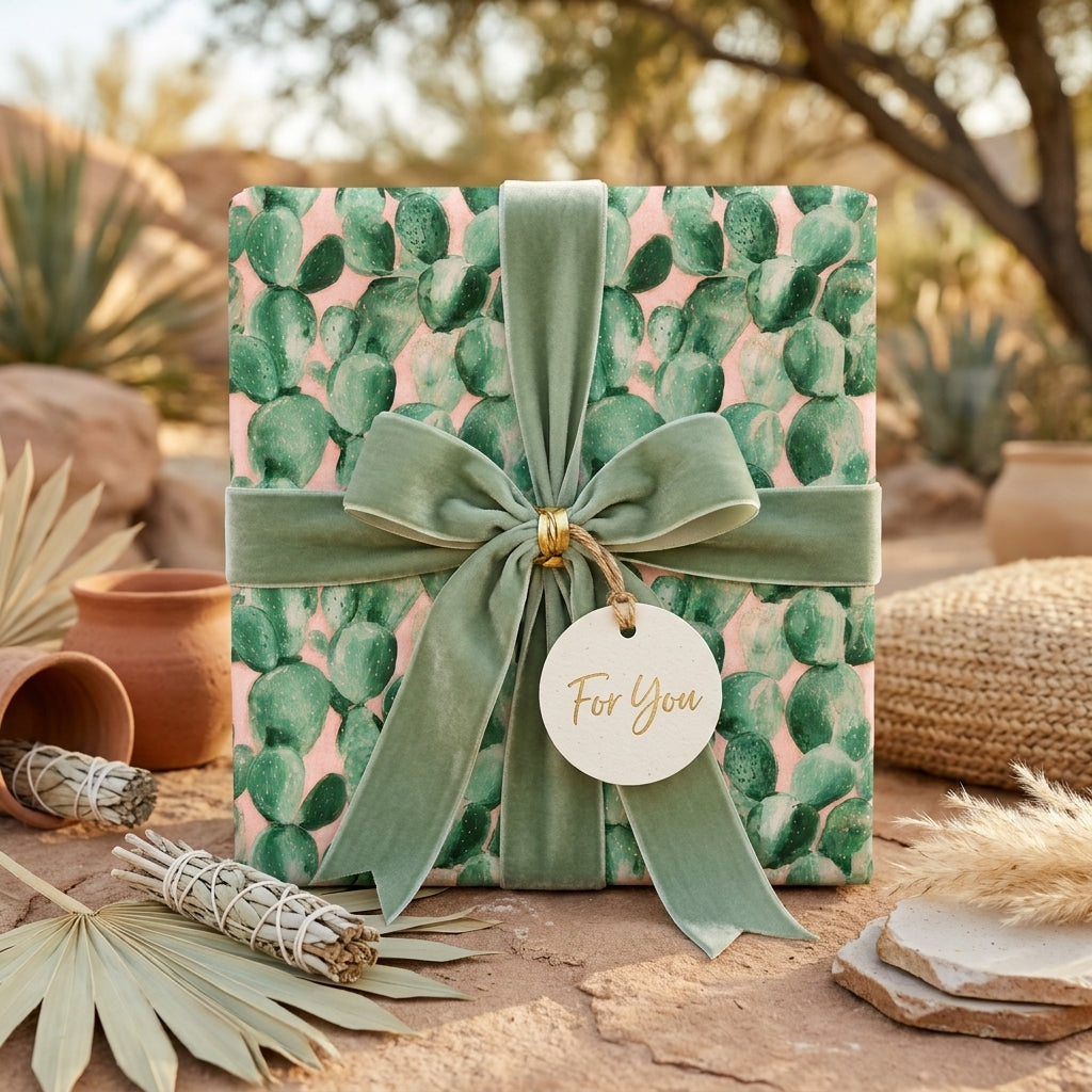 Boho cactus wrapping paper in pink and green with a sage velvet bow by Wrapped Studios.