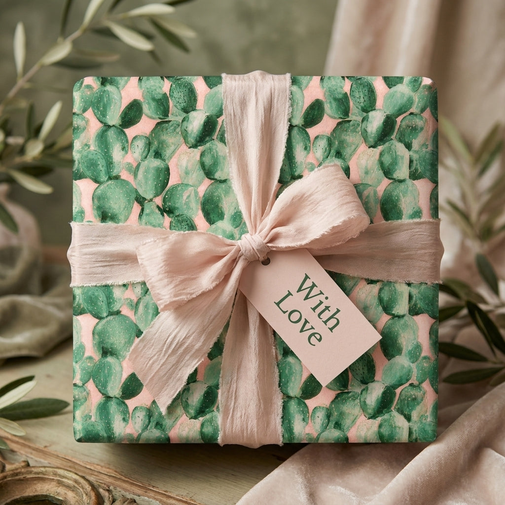 Watercolor cactus wrapping paper with a pink silk bow and gift tag, luxury gift wrap by Wrapped Studios.