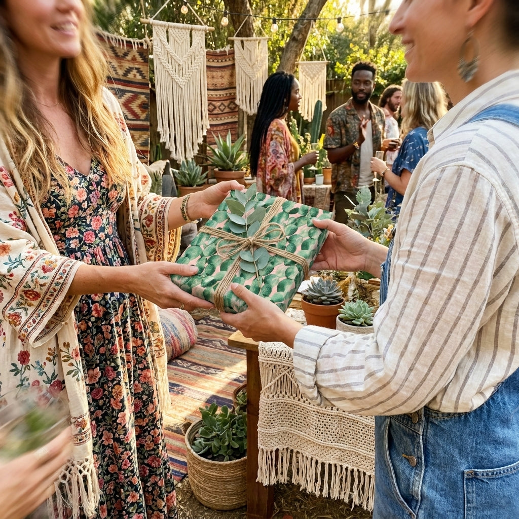 Friends exchanging a gift in green eucalyptus botanical wrapping paper by Wrapped Studios.