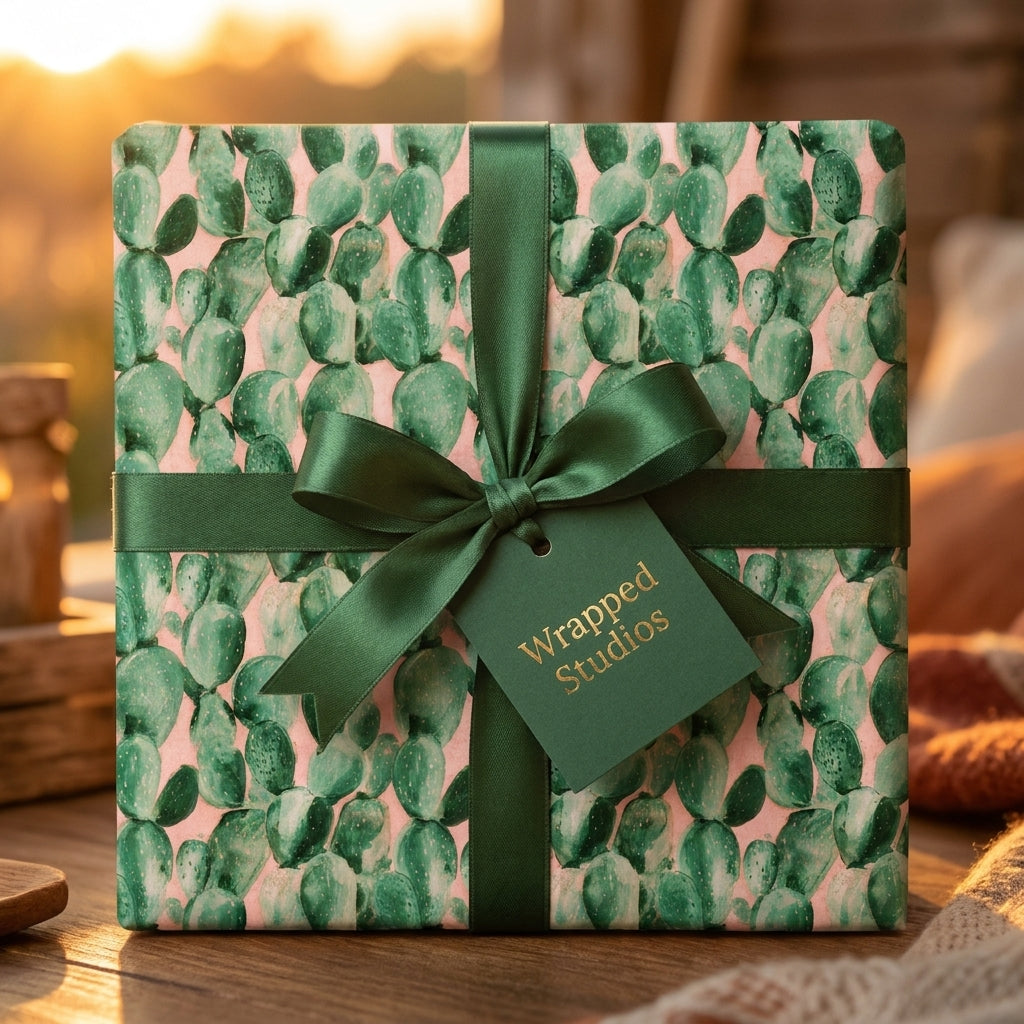 Pink and green cactus wrapping paper with a satin ribbon bow and tag by Wrapped Studios.