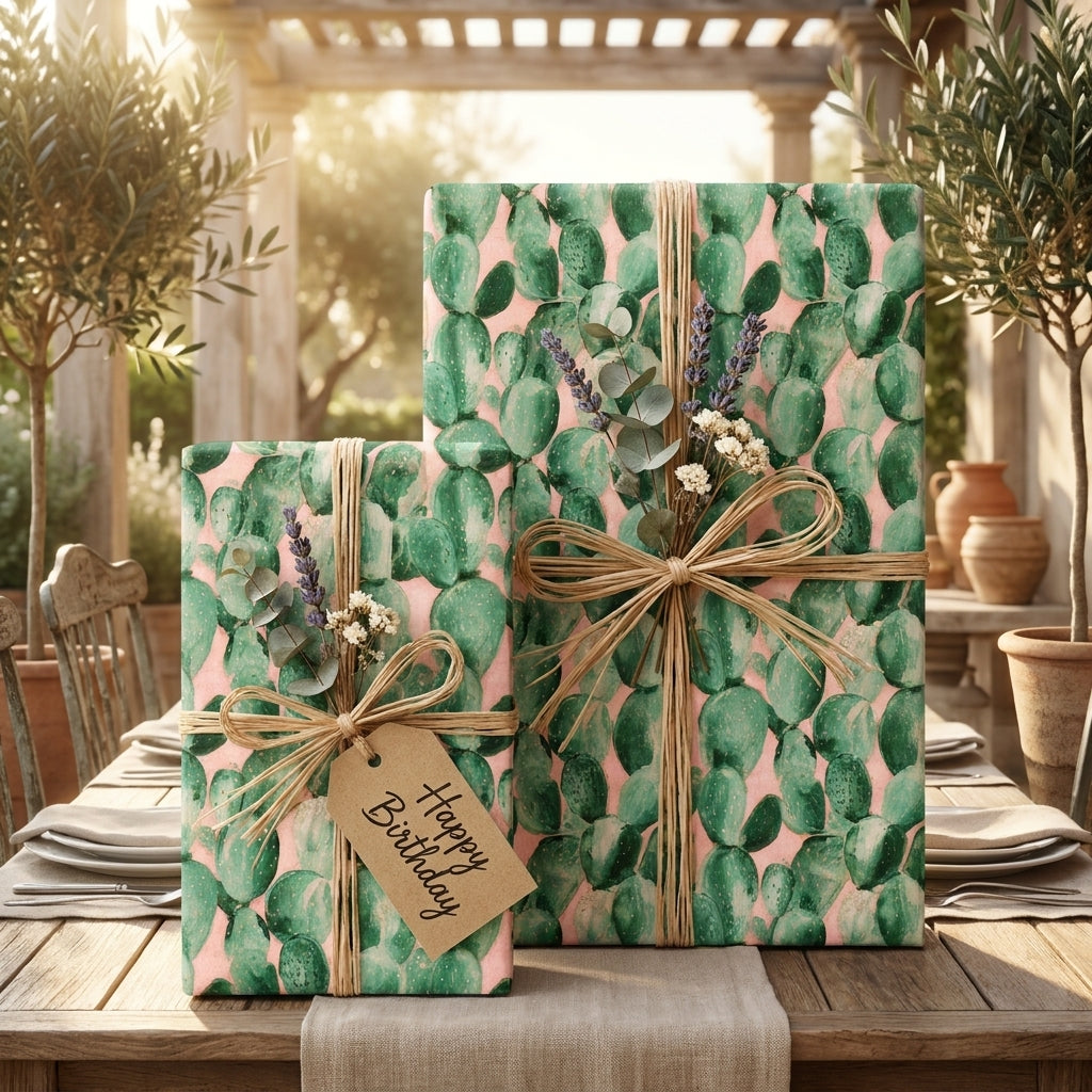 Pink and green cactus birthday wrapping paper with a raffia bow and tag by Wrapped Studios.