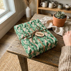 Pink and green cactus wrapping paper on a gift box with an XOXO tag and leather bow by Wrapped Studios.