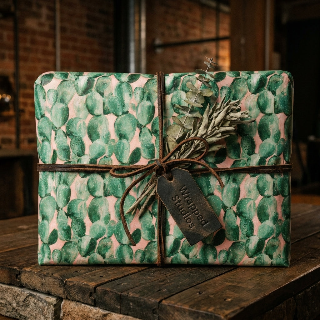 Green cactus wrapping paper on pink, tied with rustic leather cord and sage by Wrapped Studios.