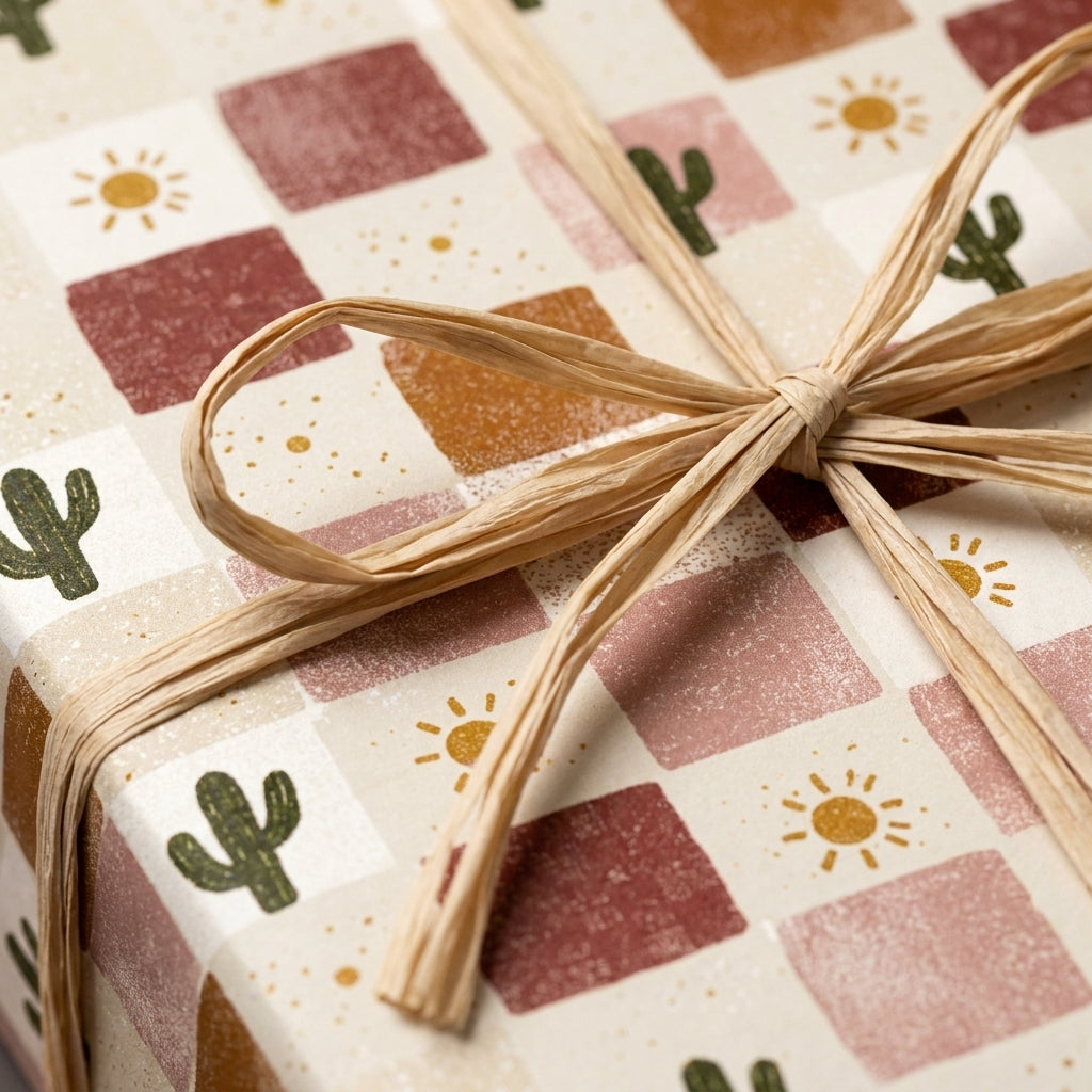 Boho cactus and sun wrapping paper with terracotta checkered print and raffia bow by Wrapped Studios.
