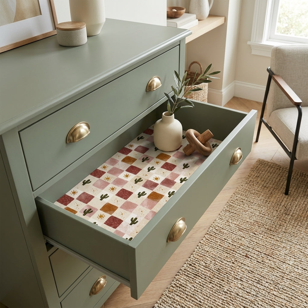 Boho checkered cactus wrapping paper lining a green dresser drawer by Wrapped Studios.