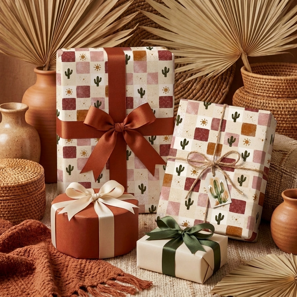 Boho checkered cactus wrapping paper on gifts with rust ribbons and desert decor by Wrapped Studios.