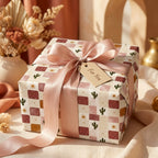Boho checkered wrapping paper with cactus print and dusty pink satin ribbon by Wrapped Studios.