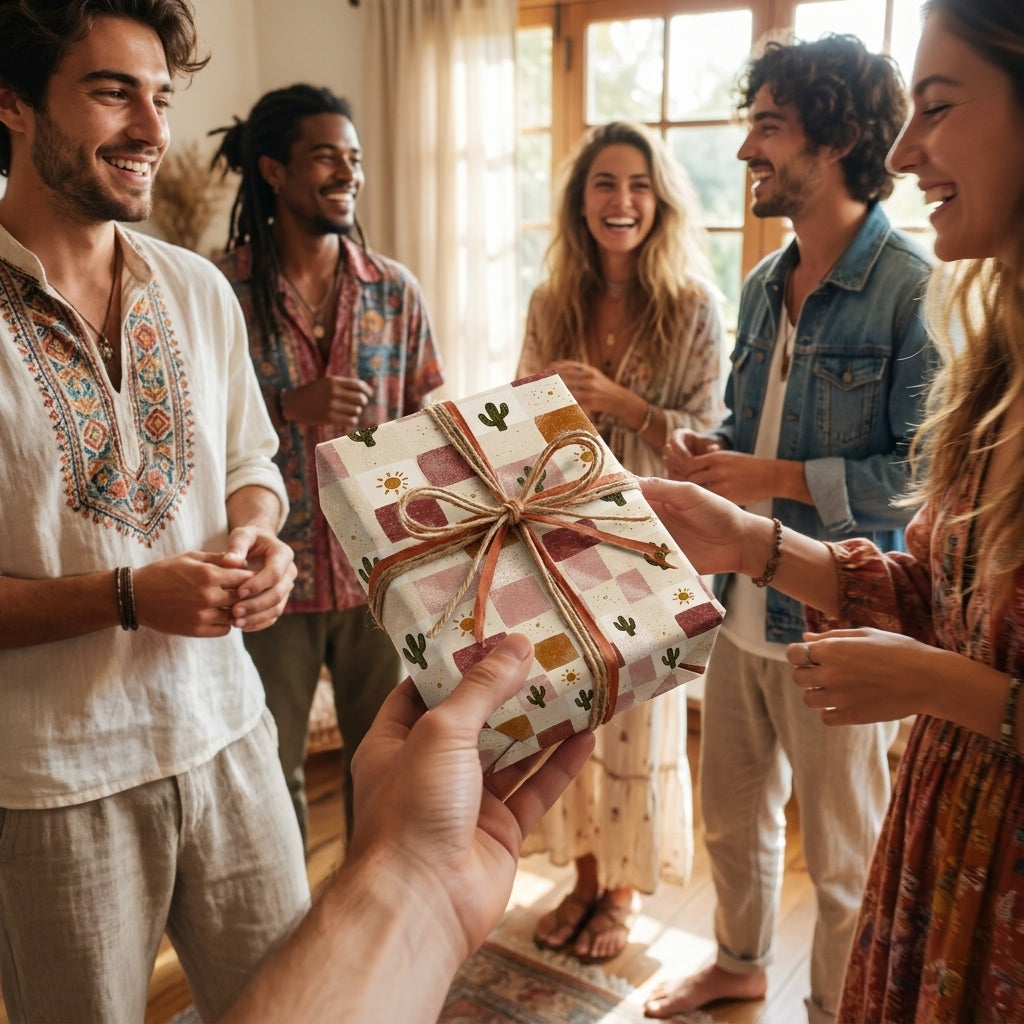 Boho cactus wrapping paper on a gift box exchanged among smiling friends. By Wrapped Studios.