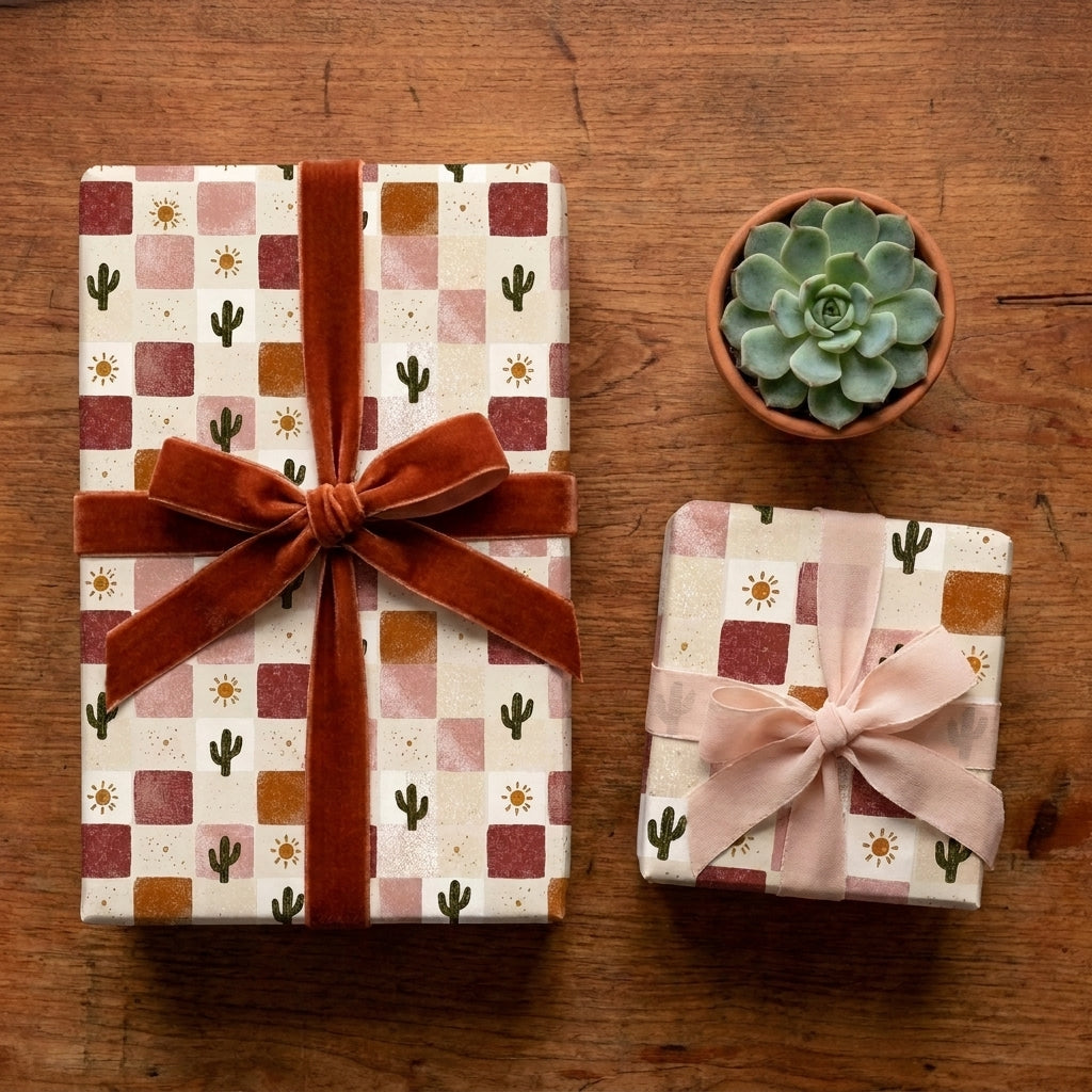 Boho cactus wrapping paper with terracotta velvet ribbon on a wood table by Wrapped Studios.