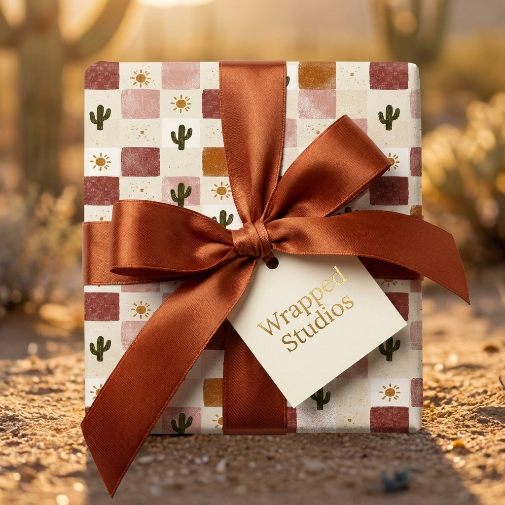 Boho cactus wrapping paper with a terracotta satin bow in a desert setting by Wrapped Studios.