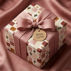 Boho cactus birthday wrapping paper with pink bow and gift tag by Wrapped Studios.