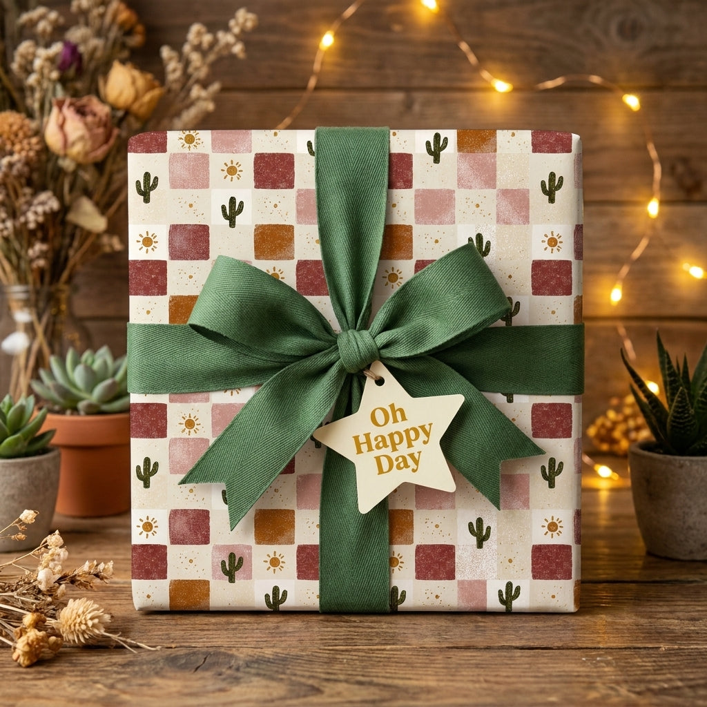 Terracotta boho cactus birthday wrapping paper with a green bow, by Wrapped Studios.