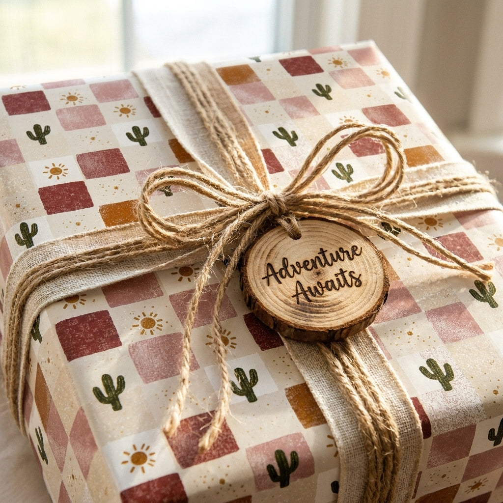 Boho cactus wrapping paper with checkerboard print and rustic twine bow by Wrapped Studios.
