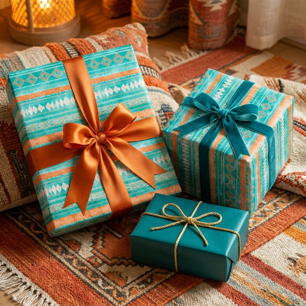 Boho southwestern wrapping paper in teal and orange with satin bows by Wrapped Studios.