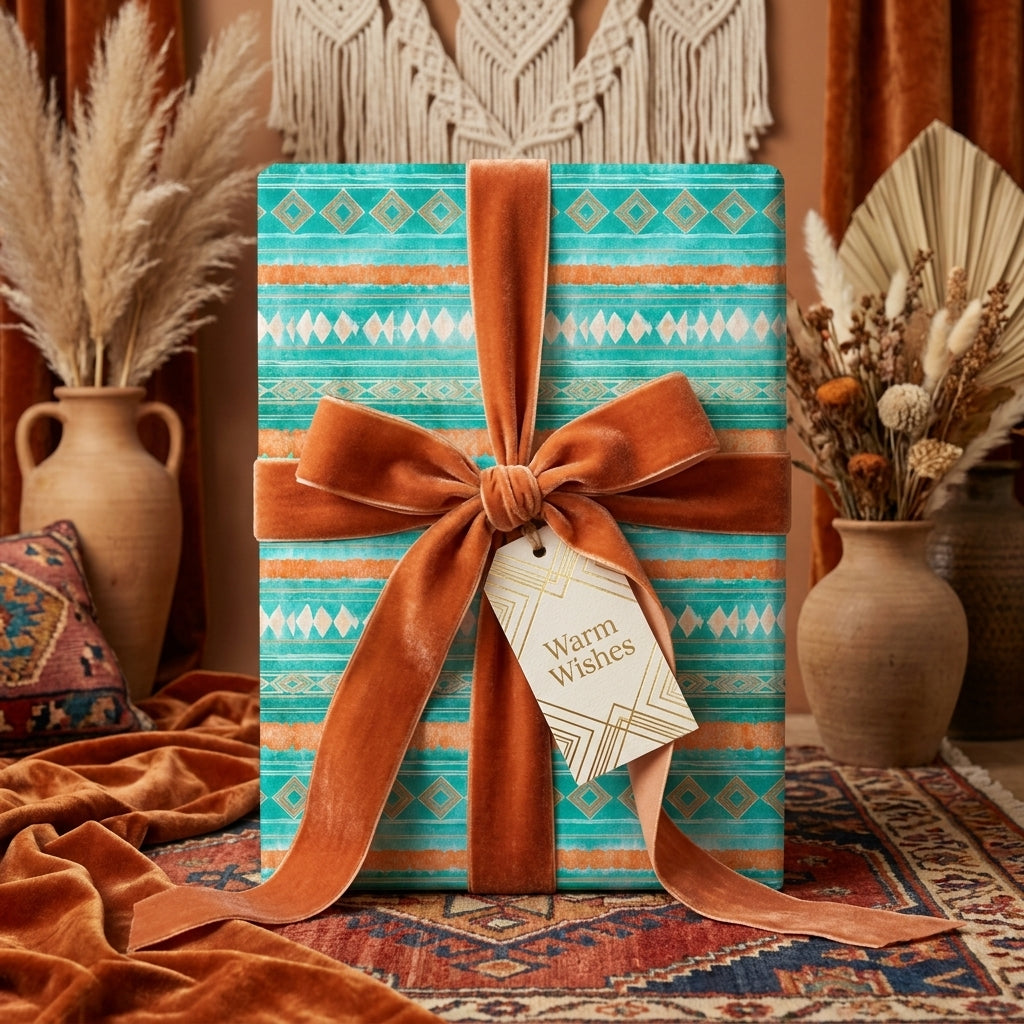 Boho wrapping paper with teal and orange southwest patterns and a velvet bow by Wrapped Studios.