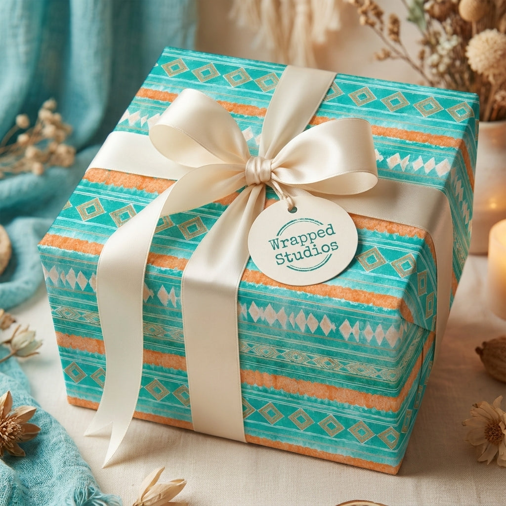 Teal and orange boho wrapping paper with a cream satin bow and gift tag by Wrapped Studios.