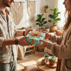 Couple exchanging a gift wrapped in teal and orange boho wrapping paper by Wrapped Studios.