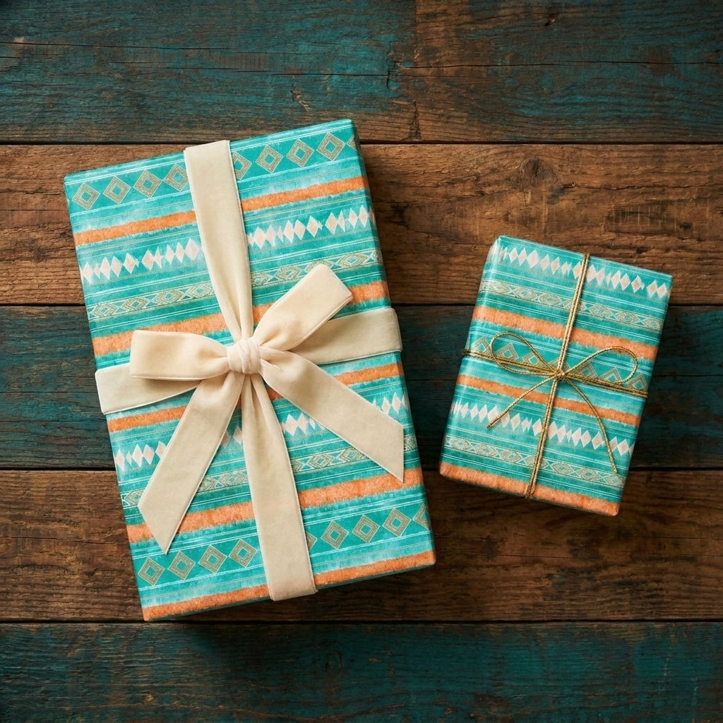 Boho Southwestern wrapping paper in teal and orange with velvet ribbon on rustic wood by Wrapped Studios.