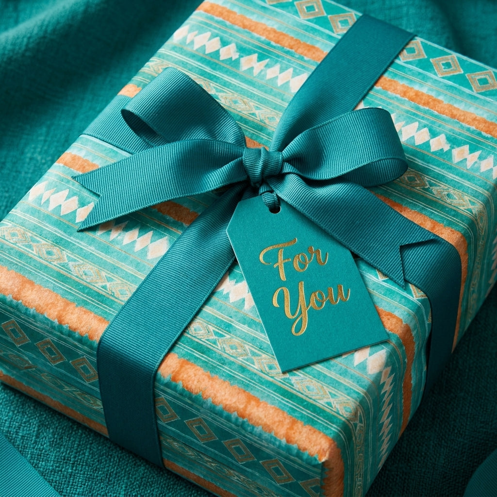 Boho geometric wrapping paper in teal and orange with ribbon and "For You" gift tag by Wrapped Studios.