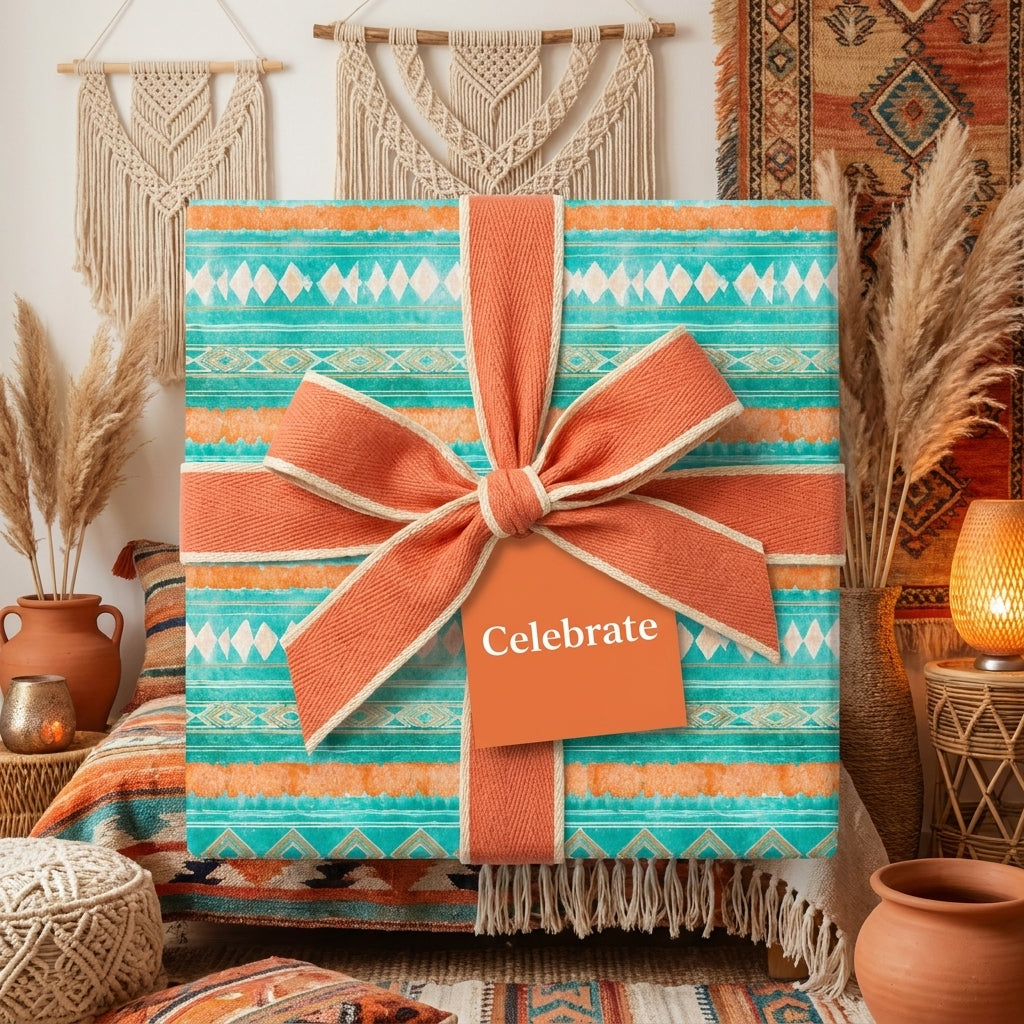 Boho wrapping paper with teal and terracotta southwestern patterns and a big bow by Wrapped Studios.