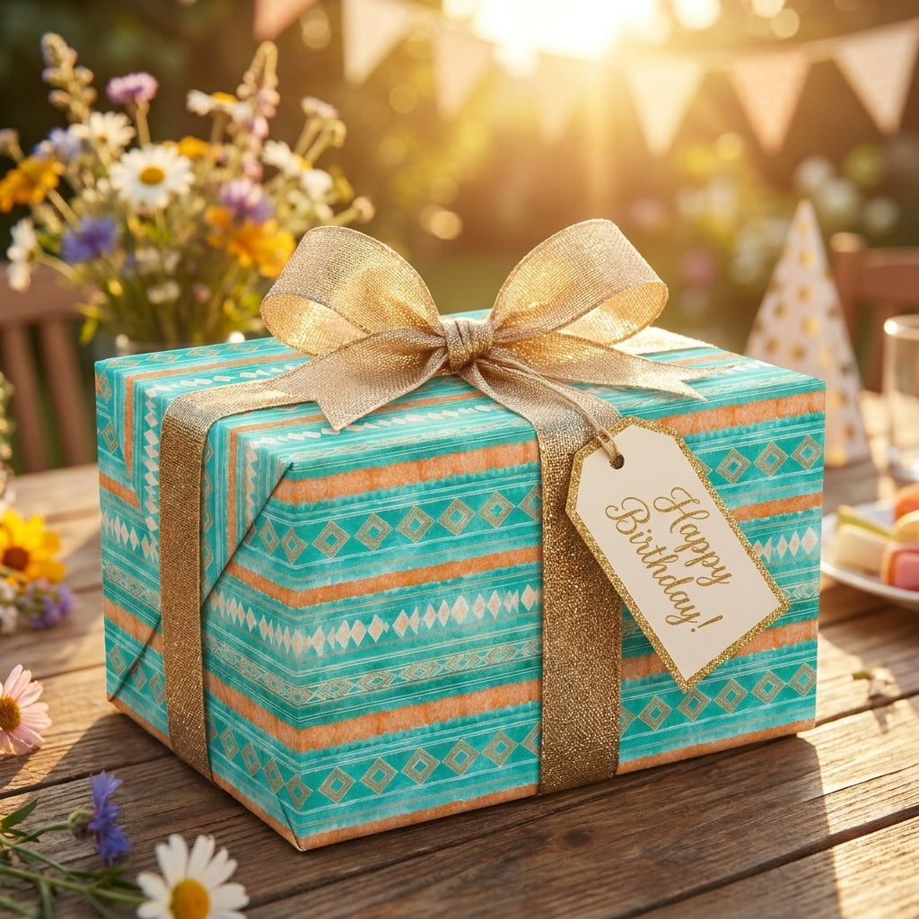 Boho chic teal and orange birthday wrapping paper with gold ribbon and gift tag by Wrapped Studios.