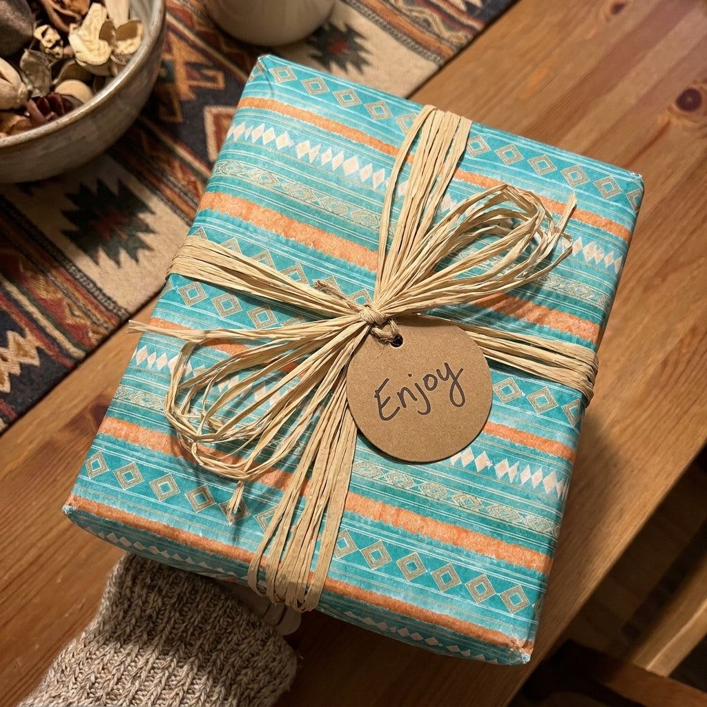 Rustic boho southwestern wrapping paper in teal and orange with raffia ribbon, by Wrapped Studios.