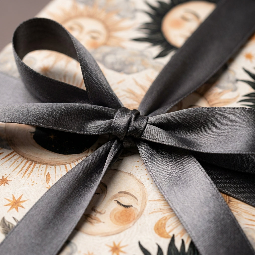 Celestial vintage sun and moon wrapping paper with a dark grey satin bow, by Wrapped Studios.