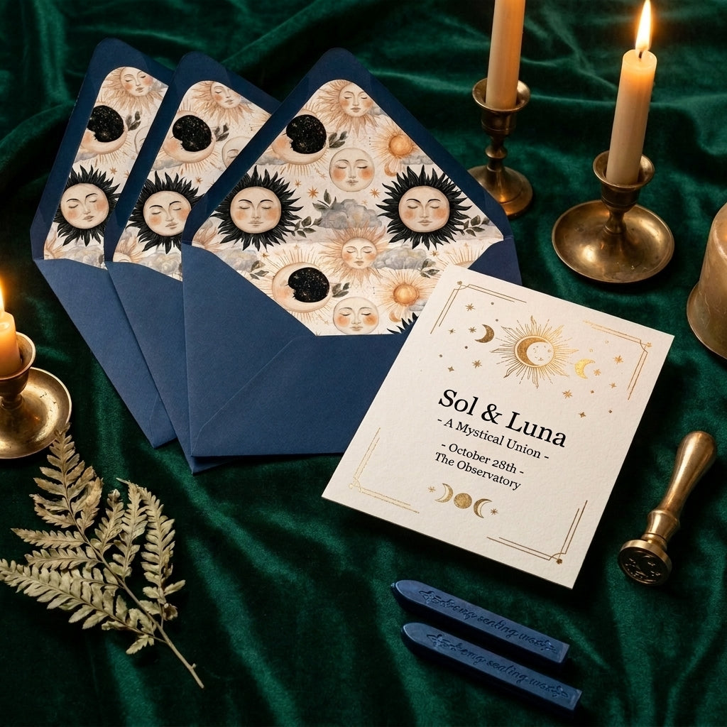 Celestial wedding invitations with navy sun and moon envelope liners on green velvet by Wrapped Studios.