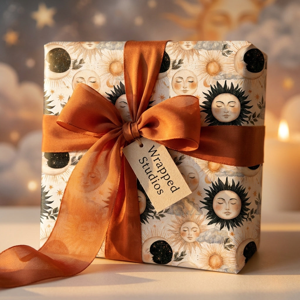Celestial wrapping paper with a boho sun and moon pattern and rust orange ribbon by Wrapped Studios.