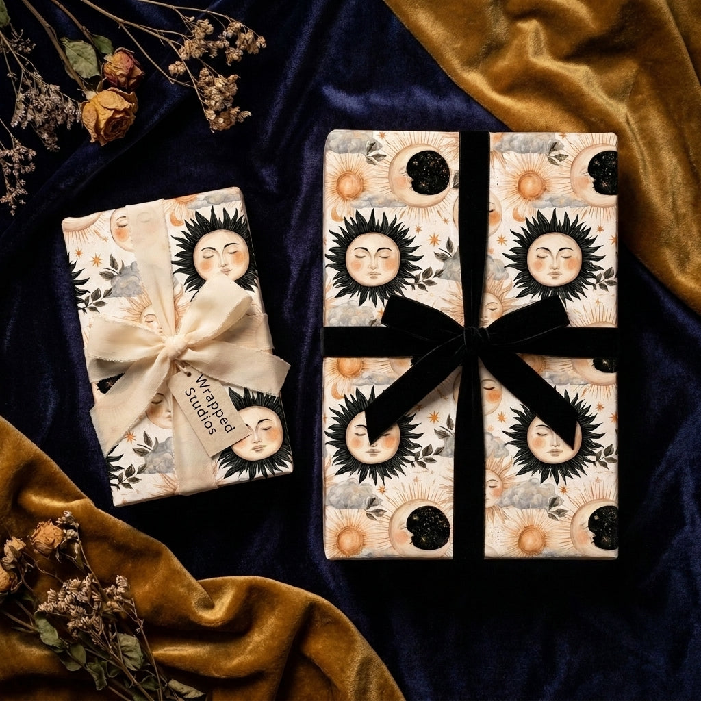 Vintage celestial sun and moon wrapping paper on gifts with velvet ribbons by Wrapped Studios.