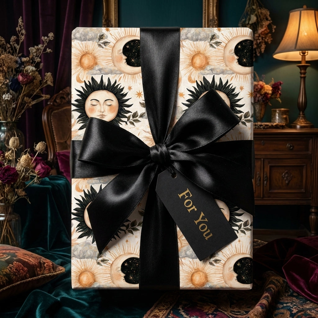 Celestial wrapping paper with vintage sun and moon print, tied with a black satin bow by Wrapped Studios.