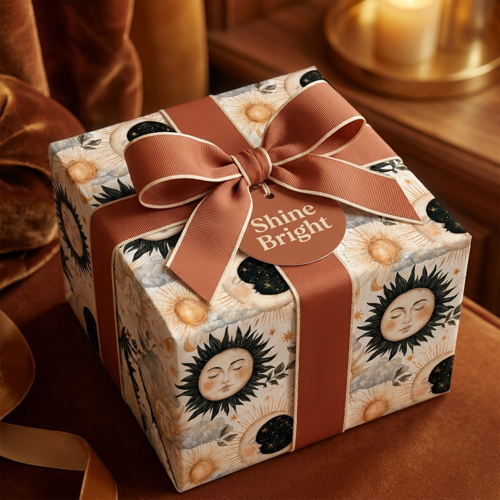 Celestial sun and moon wrapping paper with terracotta ribbon on a gift box by Wrapped Studios.