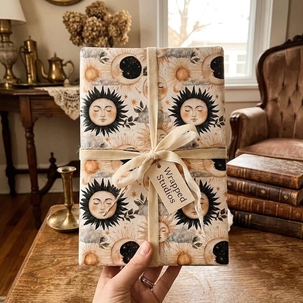 Hand holding a gift wrapped in vintage celestial sun and moon wrapping paper by Wrapped Studios.