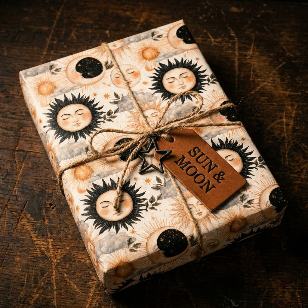 Celestial sun and moon wrapping paper on a gift box with a twine bow and star charm, by Wrapped Studios.