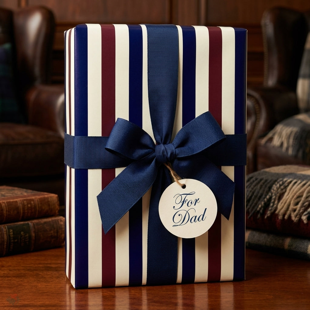 Striped Father’s Day wrapping paper with a navy blue ribbon and For Dad tag by Wrapped Studios.