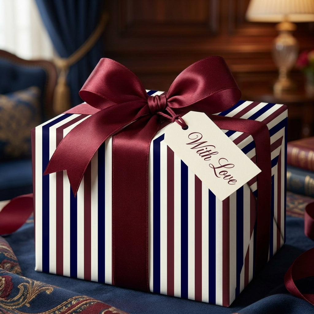 Navy and burgundy striped wrapping paper with a luxury satin bow and gift tag by Wrapped Studios.