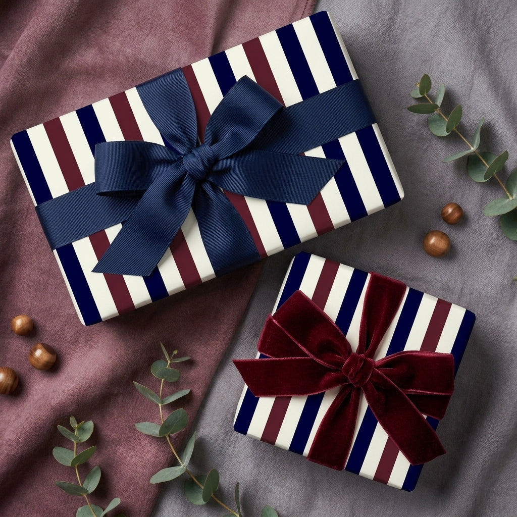 Luxury navy and burgundy striped wrapping paper with velvet bows on gift boxes by Wrapped Studios.