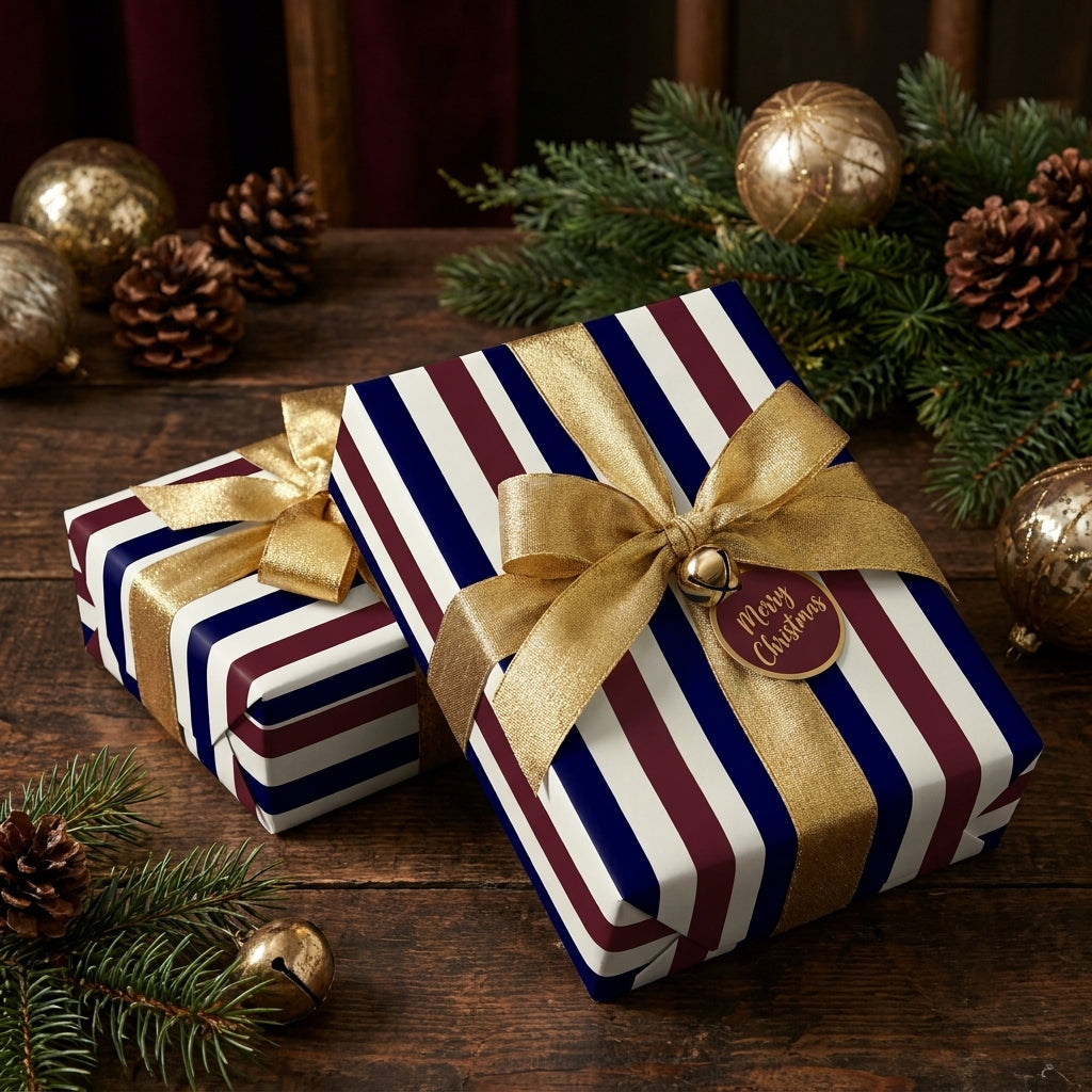 Luxury striped Christmas wrapping paper in navy and burgundy with gold bows, by Wrapped Studios.