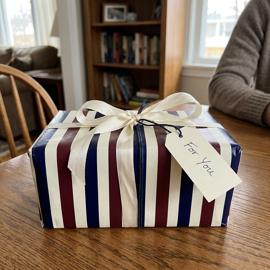 Elegant navy and burgundy striped wrapping paper by Wrapped Studios, featuring a cream satin bow and gift tag.