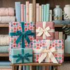 Pink book themed wrapping paper with luxury velvet bows on a cozy library bookshelf by Wrapped Studios.