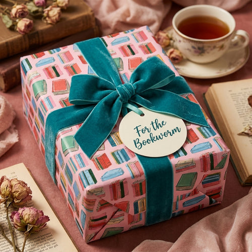 Pink book pattern wrapping paper with teal velvet ribbon and bookworm gift tag by Wrapped Studios.