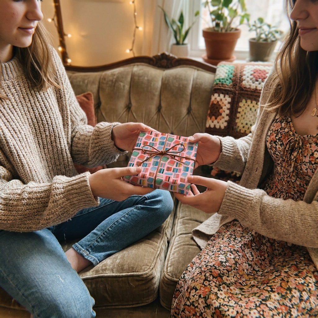 Friends exchanging a gift wrapped in pink book lover wrapping paper with a brown bow, by Wrapped Studios.