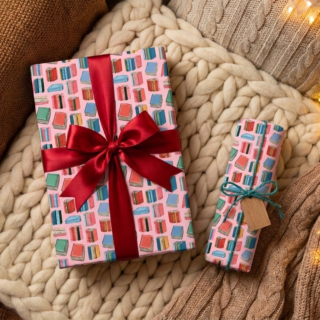 Book lover gift wrap on pink wrapping paper with a red ribbon on a knit blanket by Wrapped Studios.