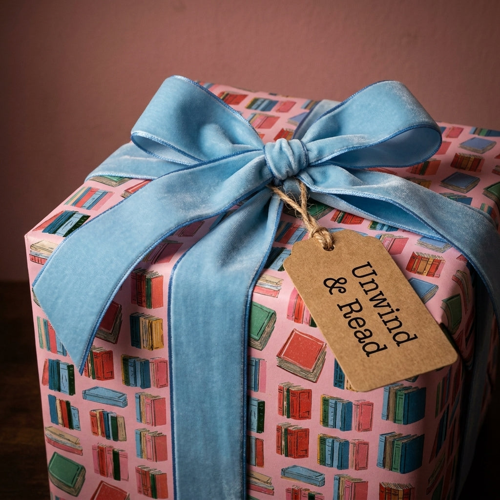 Book lover wrapping paper in pink with blue velvet ribbon and Unwind & Read tag by Wrapped Studios.