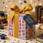 Pink book graduation wrapping paper with gold ribbon and Congrats Grad tag by Wrapped Studios.